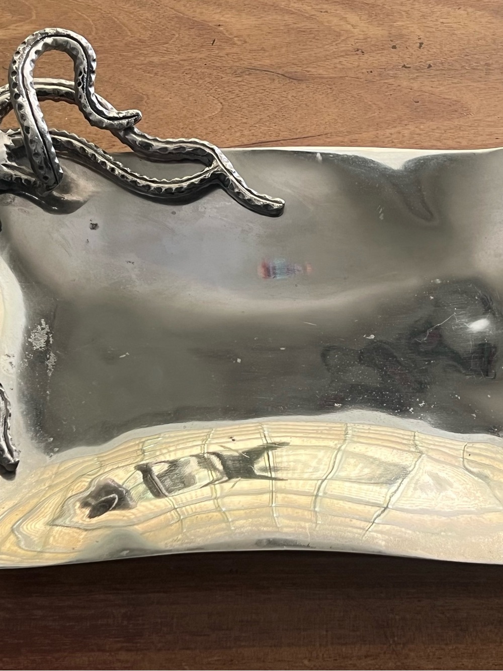 Vintage octopus silver metal rectangular tray serving bar platter made in India